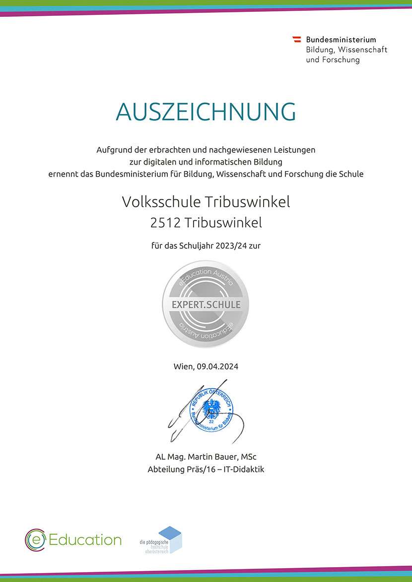 Auszeichnung digitale Expert Schule Volksschule Tribuswinkel